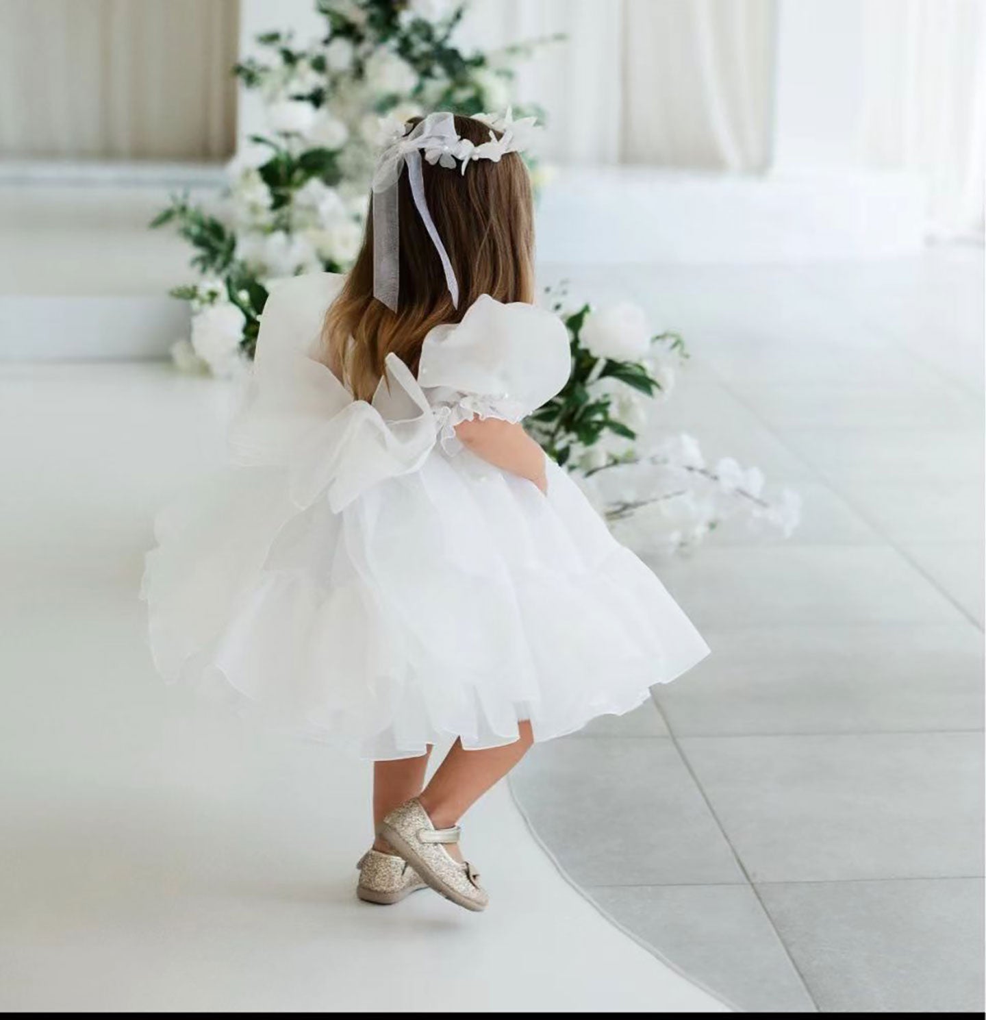 Short Sleeves Bowed Tulle Flower Baby Girl Dress D079