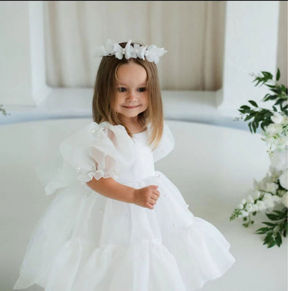 Short Sleeves Bowed Tulle Flower Baby Girl Dress D079