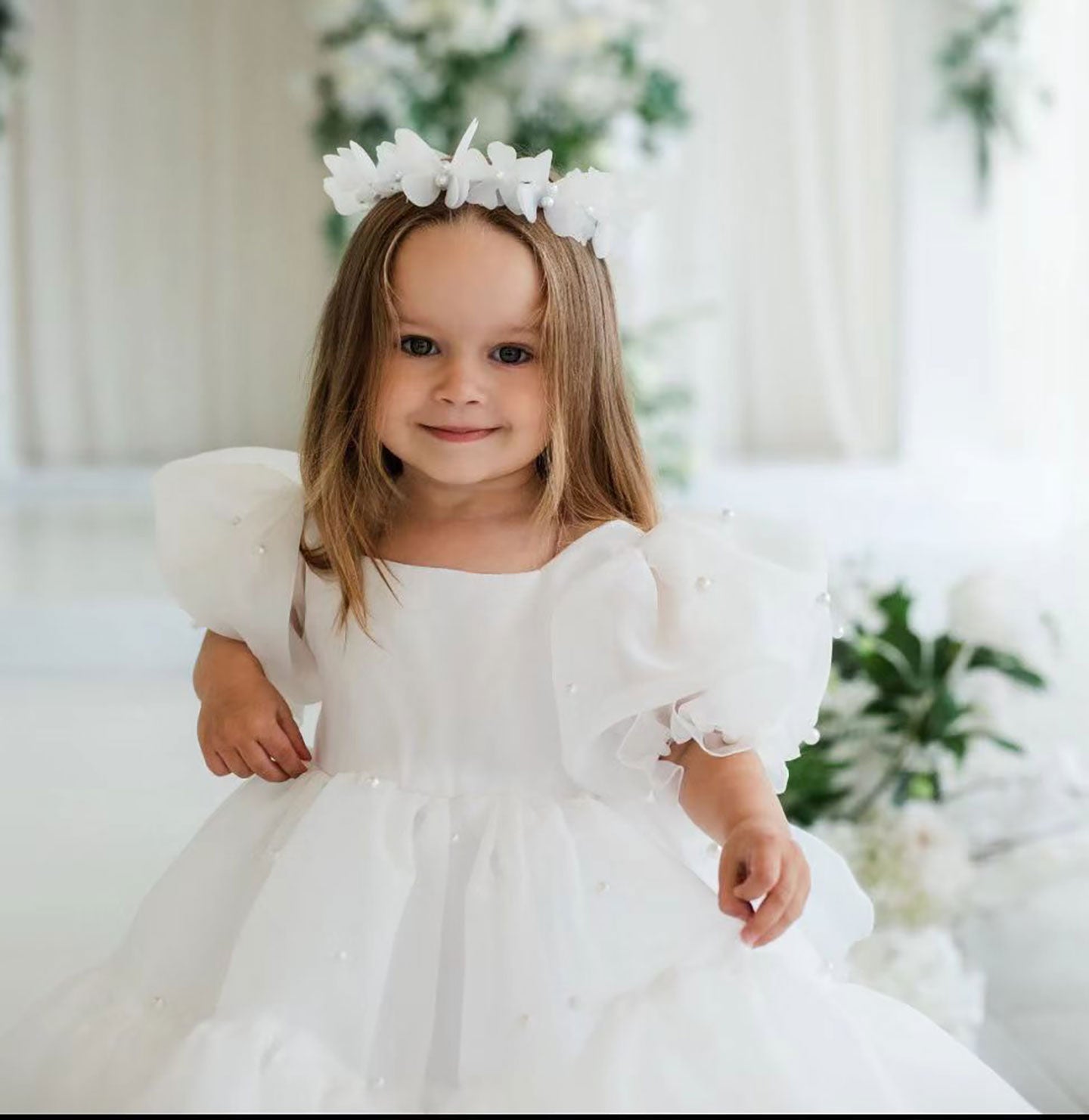 Short Sleeves Bowed Tulle Flower Baby Girl Dress D079