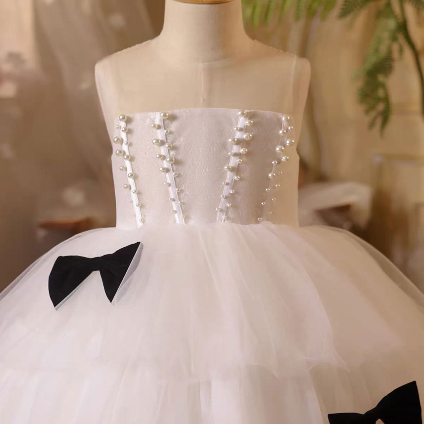 White Birthday Flower Girl Dress with Layered Ruffles Bow Detail D106