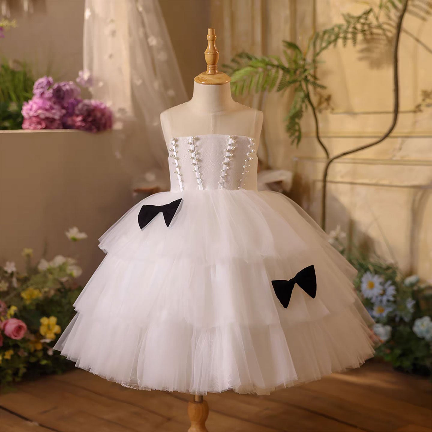 White Birthday Flower Girl Dress with Layered Ruffles Bow Detail D106