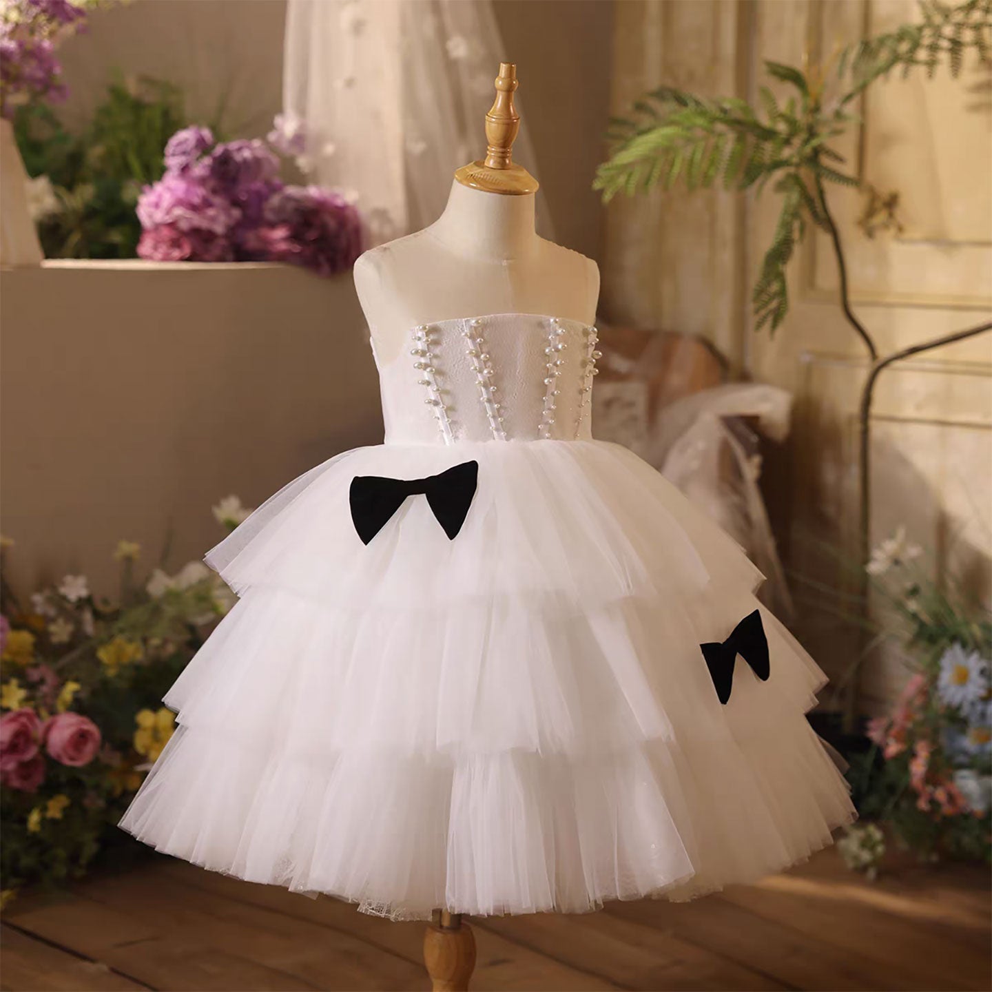 White Birthday Flower Girl Dress with Layered Ruffles Bow Detail D106