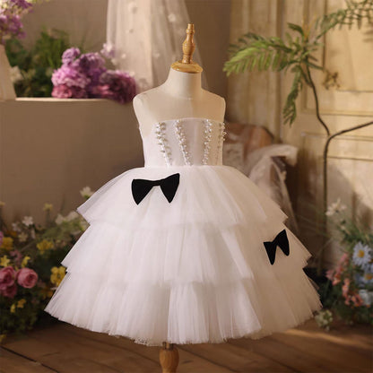 White Birthday Flower Girl Dress with Layered Ruffles Bow Detail D106