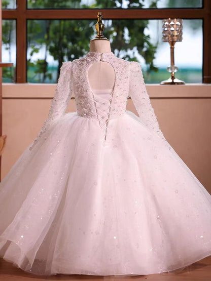 Elegant Long Princess Girl Dress with Flowers for Birthday Party D176