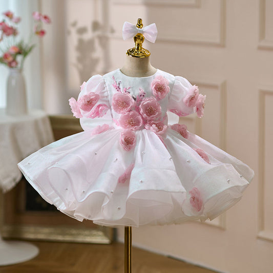 Elegant Flower Girl Dress with Floral Embellishments for Weddings Parties J439