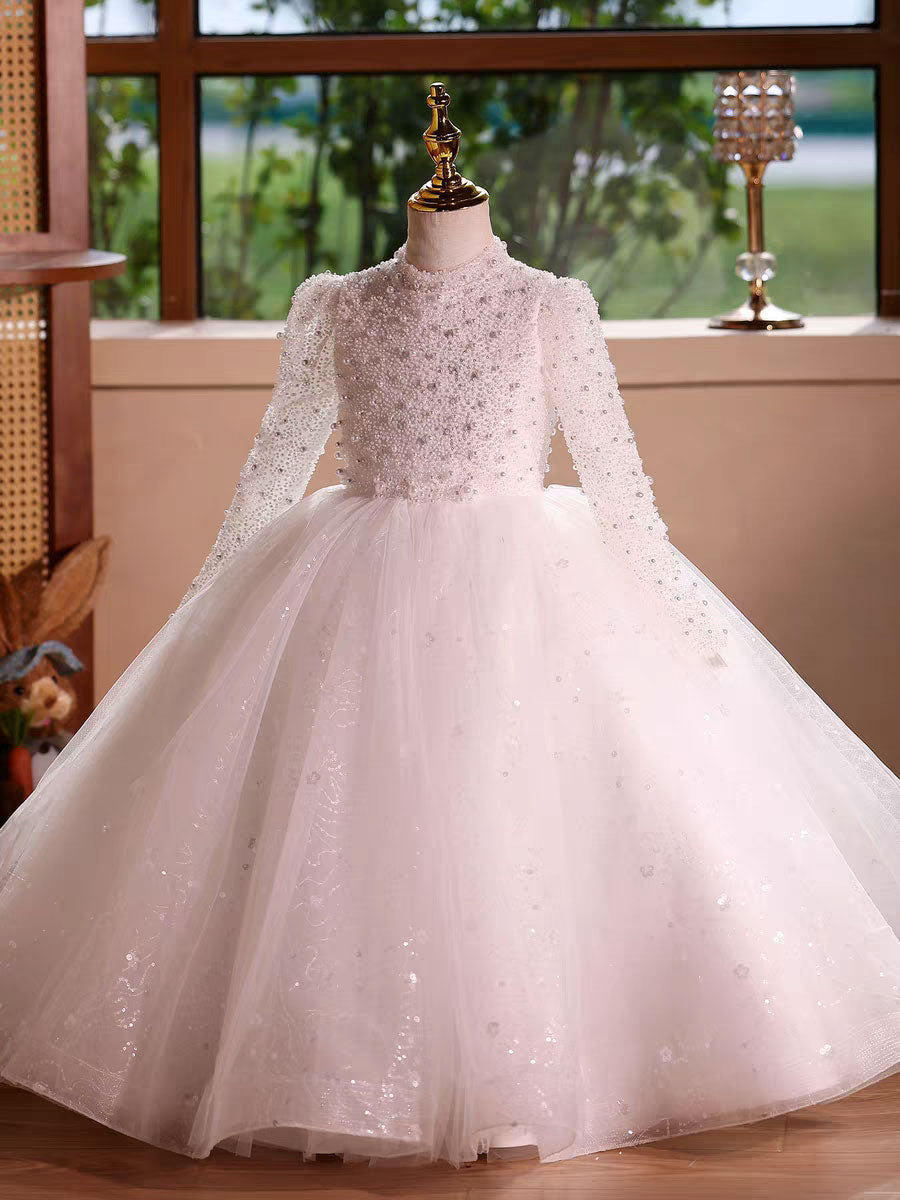 Elegant Long Princess Girl Dress with Flowers for Birthday Party D176