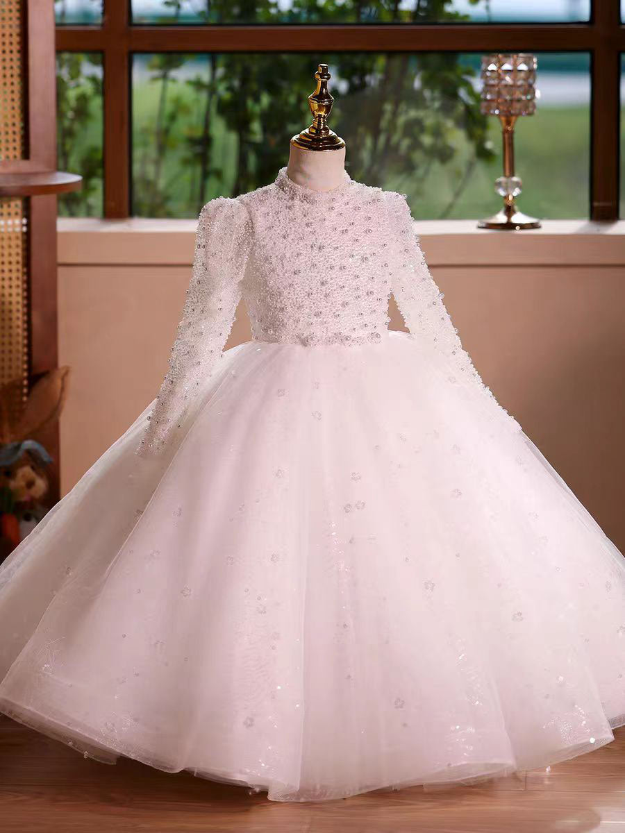 Elegant Long Princess Girl Dress with Flowers for Birthday Party D176