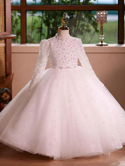 Elegant Long Princess Girl Dress with Flowers for Birthday Party D176