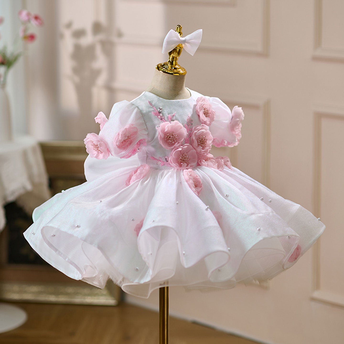 Elegant Flower Girl Dress with Floral Embellishments for Weddings Parties J439