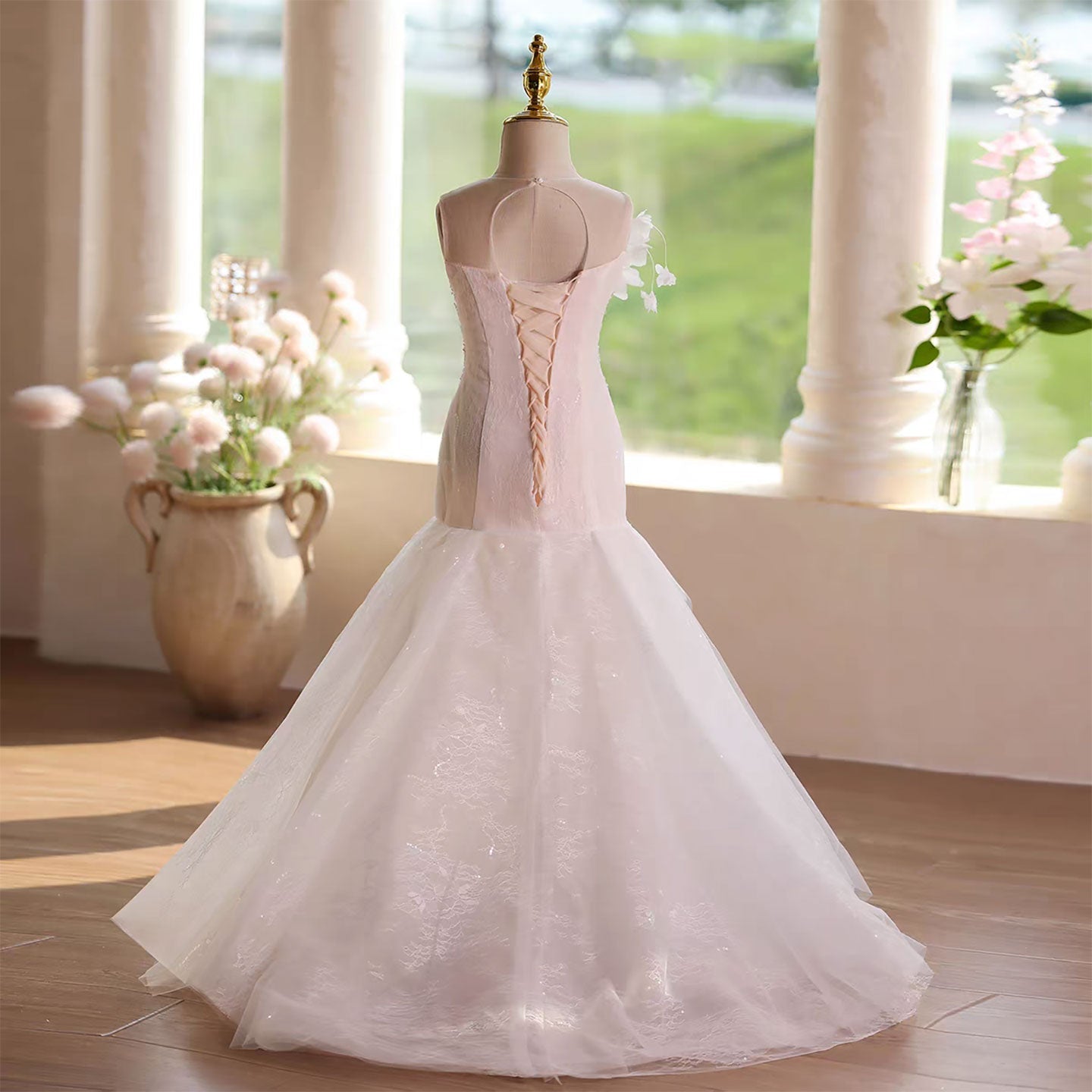 Luxury White Flower Girl Dress Mermaid with embroidery Birthday D137