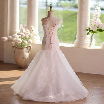 Luxury White Flower Girl Dress Mermaid with embroidery Birthday D137
