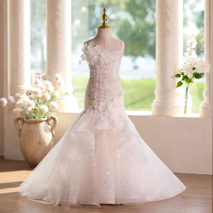 Luxury White Flower Girl Dress Mermaid with embroidery Birthday D137