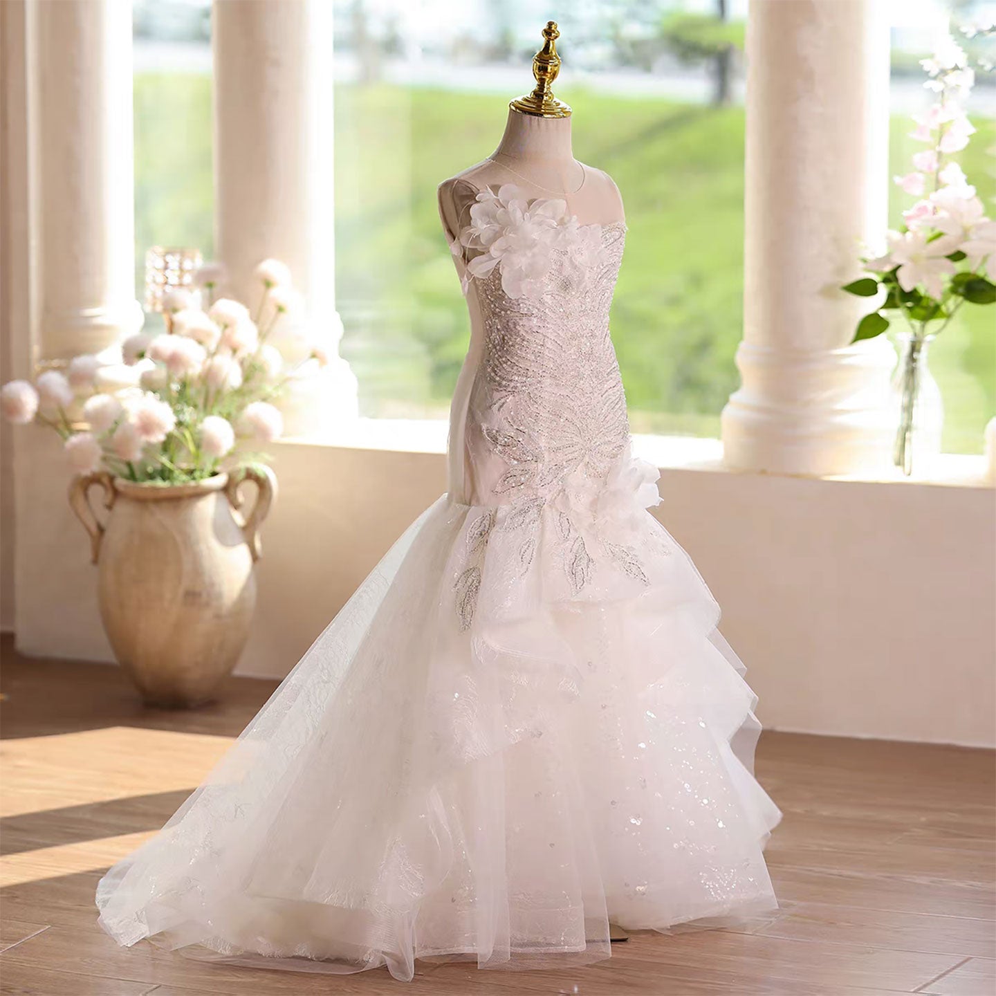 Luxury White Flower Girl Dress Mermaid with embroidery Birthday D137