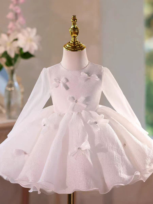 Classic White Flower Girl Dress with Knee Length Skirt D030