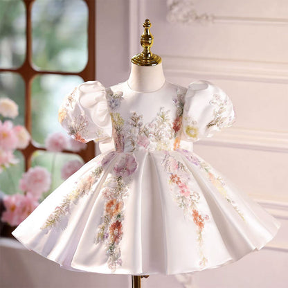 White Flower Girl Dress with Puffy Sleeves and 3D Floral Embroidery J581