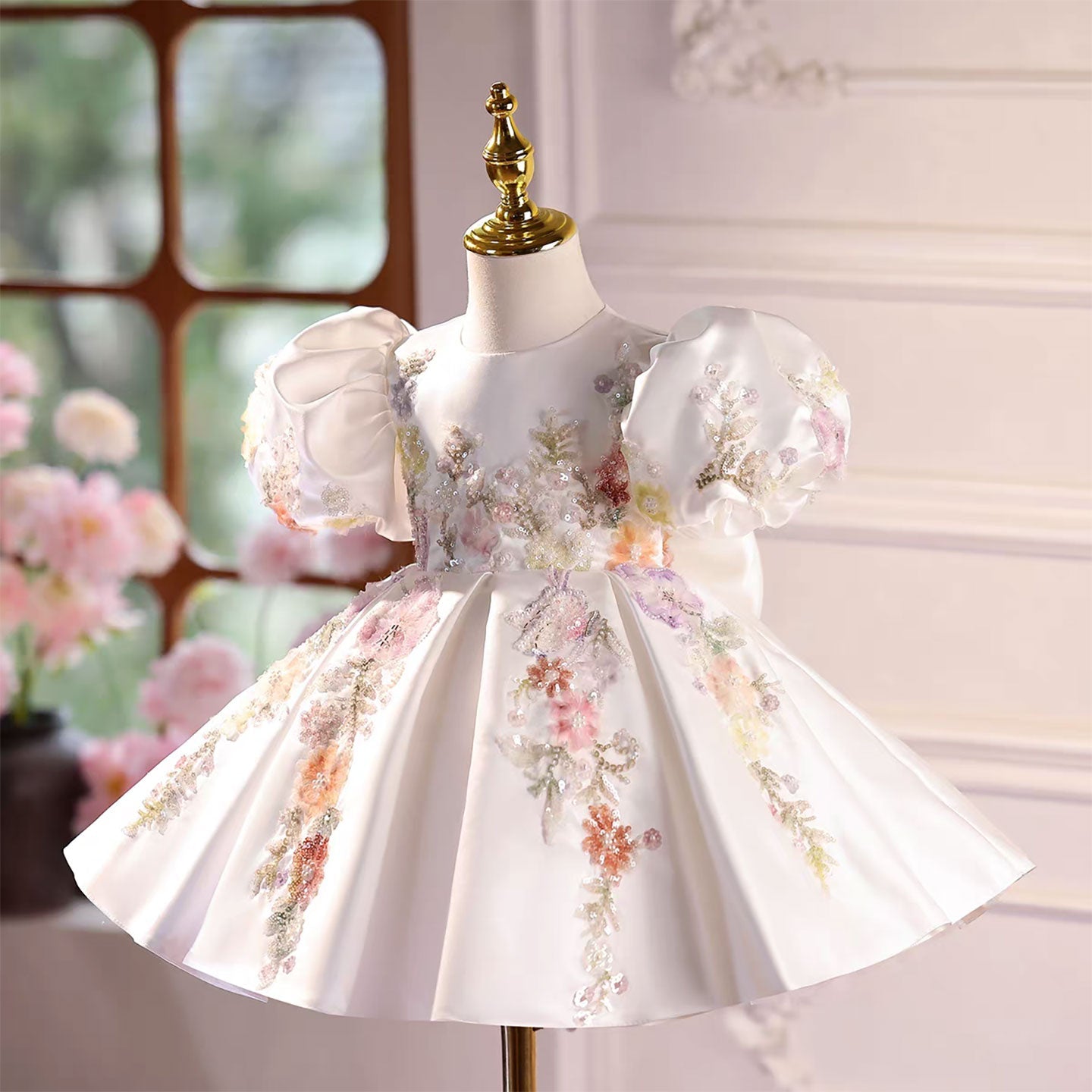 White Flower Girl Dress with Puffy Sleeves and 3D Floral Embroidery J581