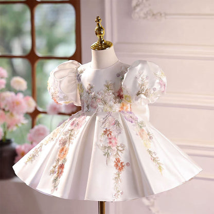 White Flower Girl Dress with Puffy Sleeves and 3D Floral Embroidery J581