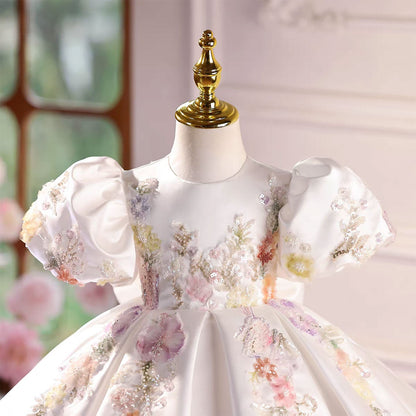 White Flower Girl Dress with Puffy Sleeves and 3D Floral Embroidery J581