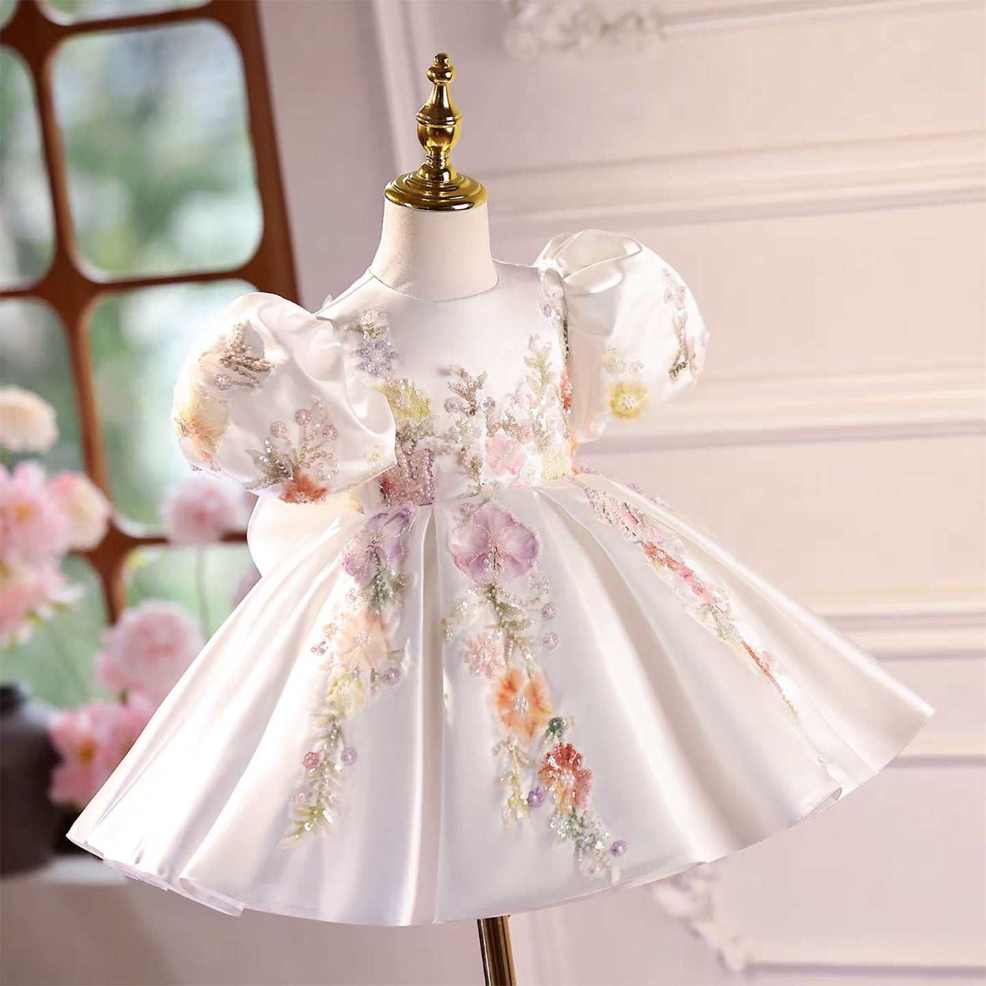 White Flower Girl Dress with Puffy Sleeves and 3D Floral Embroidery J581