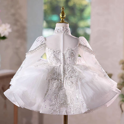 Elegant White Long Sleeve Princess Girl Dress Birthday Party Gown J600