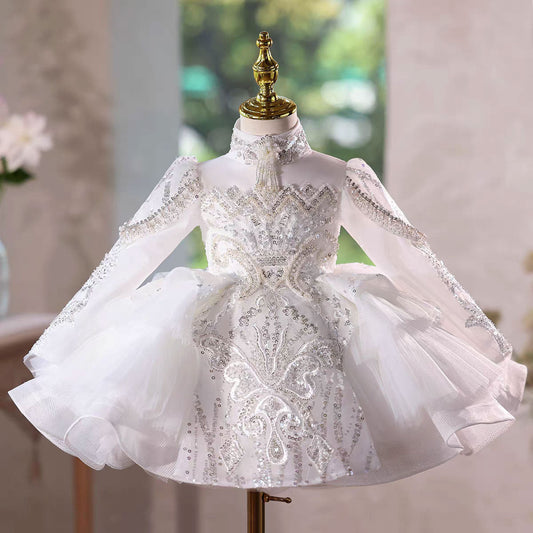 Elegant White Long Sleeve Princess Girl Dress Birthday Party Gown J600