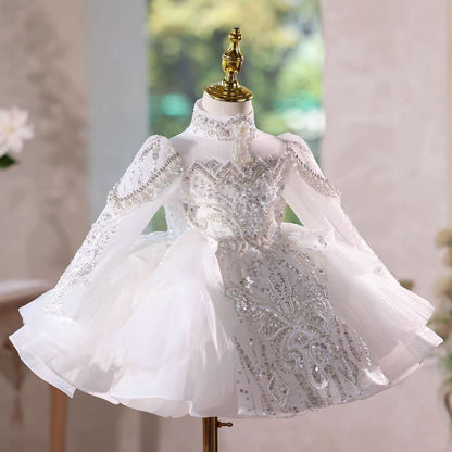 Elegant White Long Sleeve Princess Girl Dress Birthday Party Gown J600