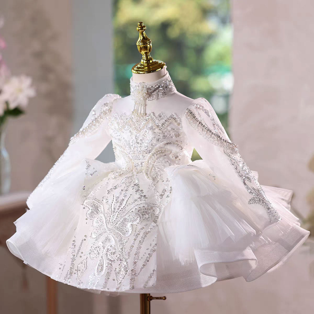 Elegant White Long Sleeve Princess Girl Dress Birthday Party Gown J600