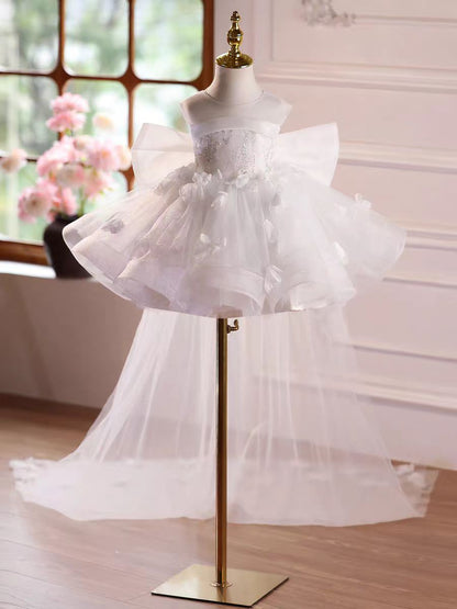 Luxury White Flower Girl Dress with Long Tulle Train D145