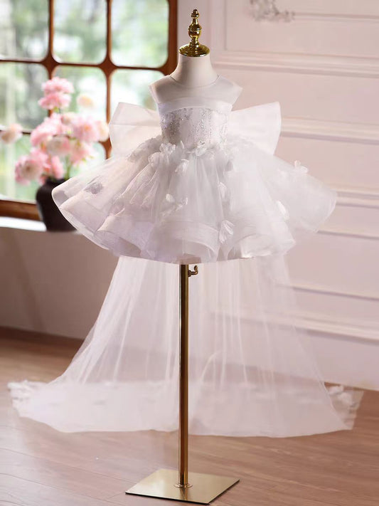 Luxury White Flower Girl Dress with Long Tulle Train D145