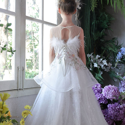 Luxury White Floral Flower Girl Dress with Feathers Princess Gown J351