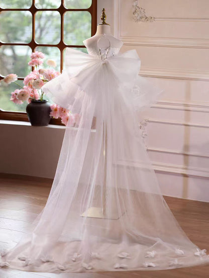 Luxury White Flower Girl Dress with Long Tulle Train D145