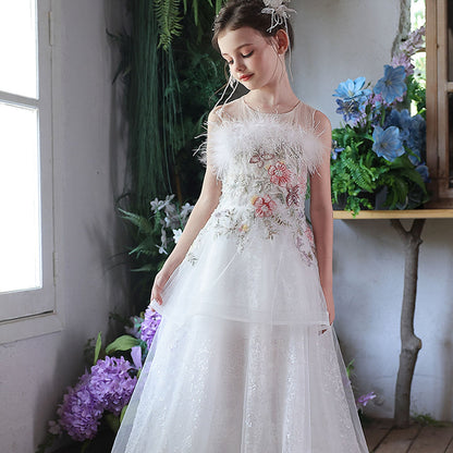 Luxury White Floral Flower Girl Dress with Feathers Princess Gown J351