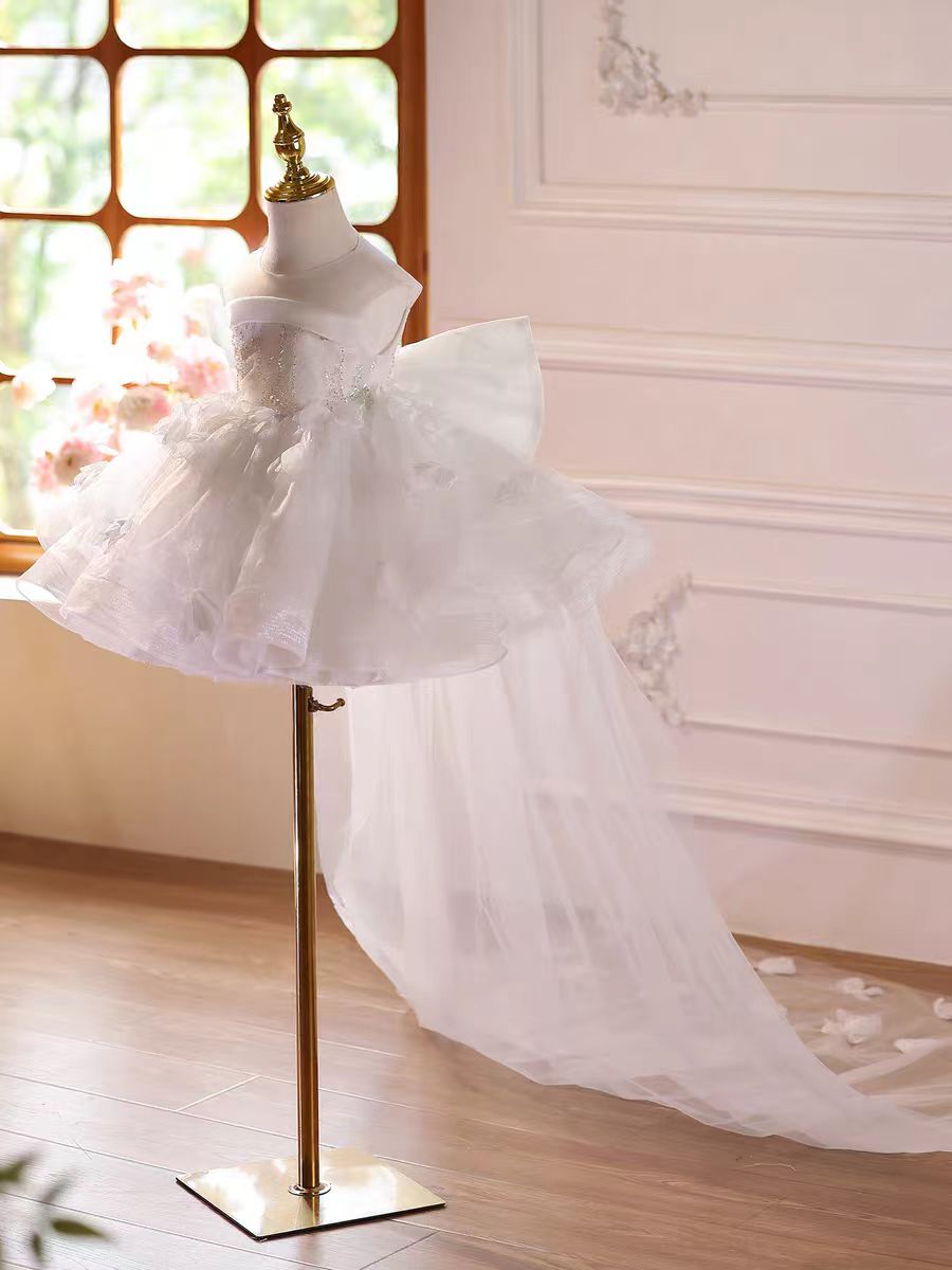 Luxury White Flower Girl Dress with Long Tulle Train D145