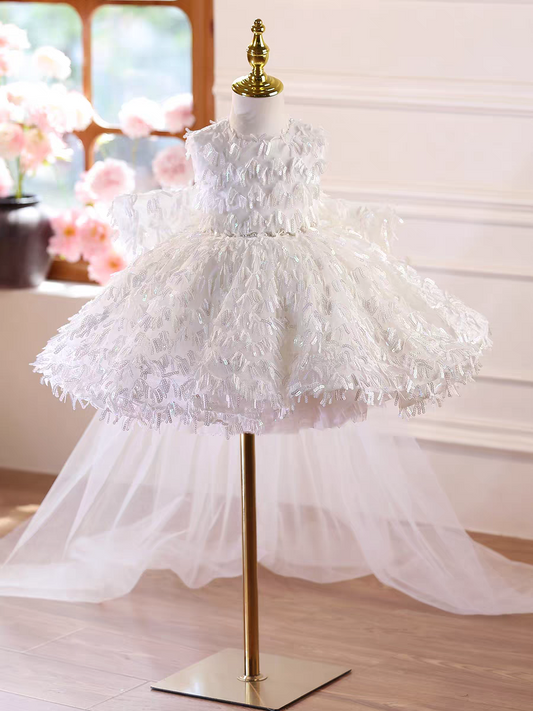 Luxury White Flower Girl Dress with Long Train Birthday Wedding J584