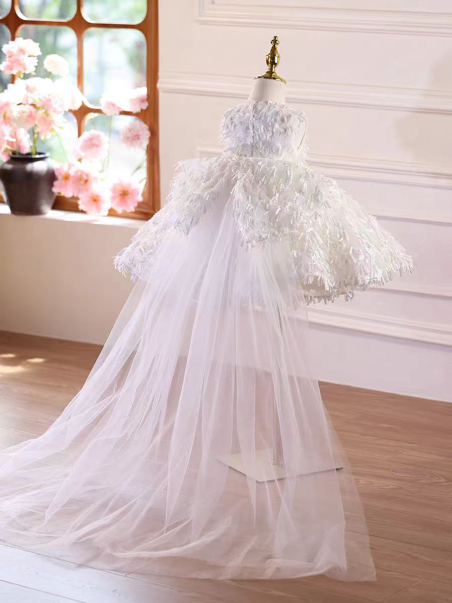 Luxury White Flower Girl Dress with Long Train Birthday Wedding J584