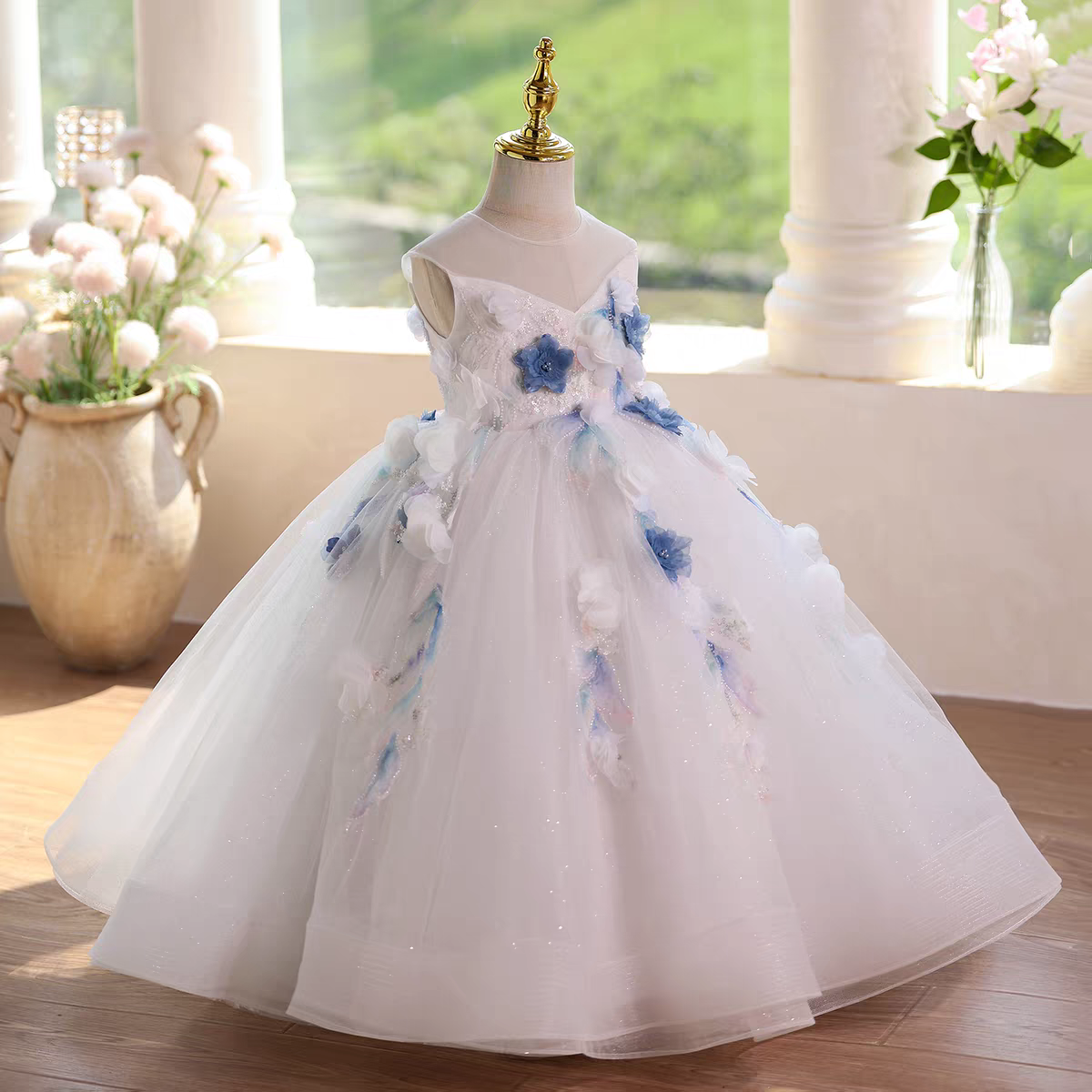 Flower Girl Dress with Beading 3D Flowers Floor Length D104