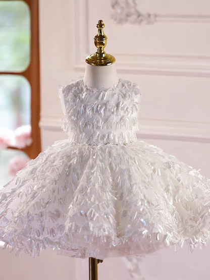 Luxury White Flower Girl Dress with Long Train Birthday Wedding J584