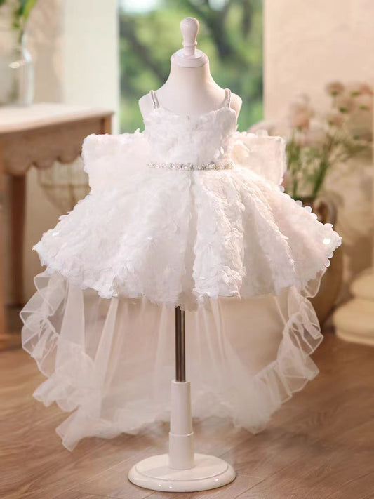 White Flower Girl Dress with Sequined Waist Party Gown D136