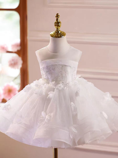 Luxury White Flower Girl Dress with Long Tulle Train D145