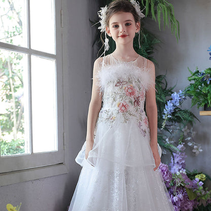 Luxury White Floral Flower Girl Dress with Feathers Princess Gown J351