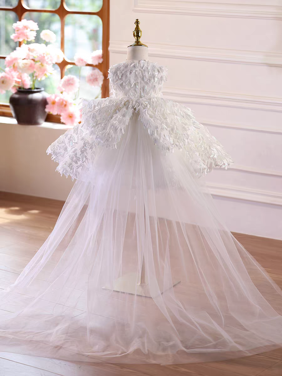 Luxury White Flower Girl Dress with Long Train Birthday Wedding J584