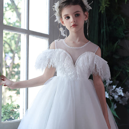 White Feather Flower Girl Dress Arabic Princess Baby J382