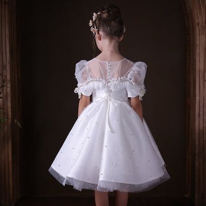 Elegant White Beaded Birthday Girl Dress with Pearls J340