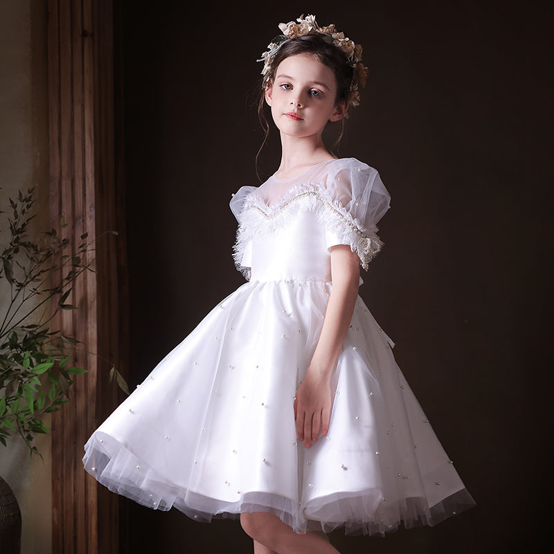 Elegant White Beaded Birthday Girl Dress with Pearls J340