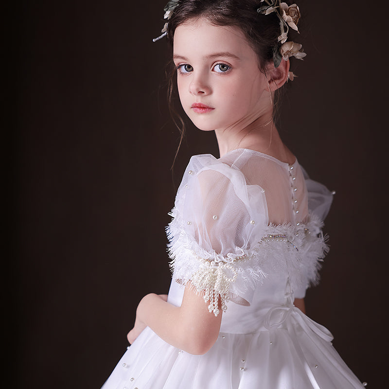 Elegant White Beaded Birthday Girl Dress with Pearls J340