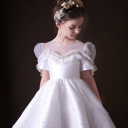 Elegant White Beaded Birthday Girl Dress with Pearls J340