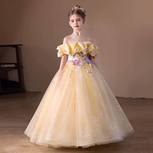 Off-Shoulder Applique Pearled Flower Girl Dress Princess D301
